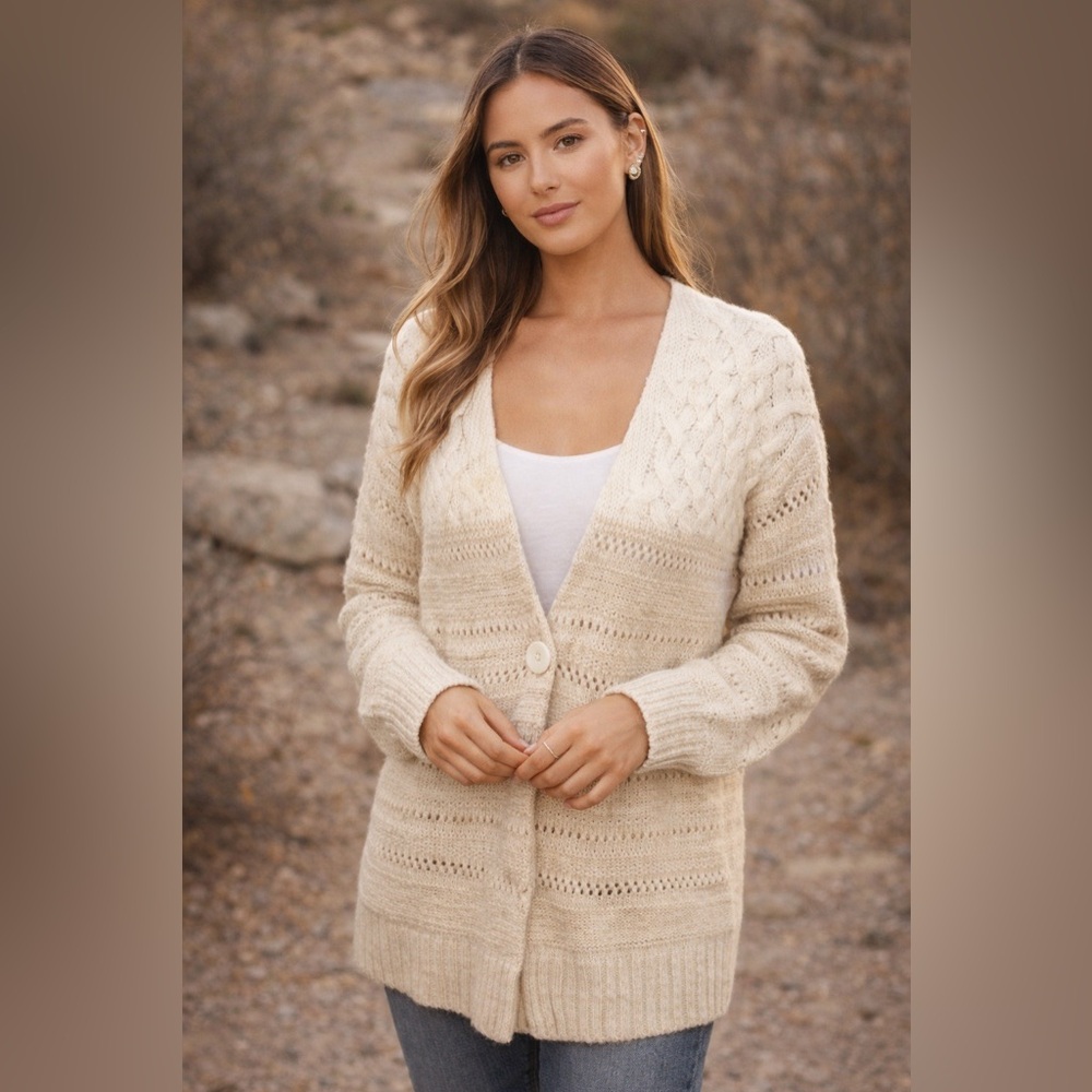 Hinge Cardigan Sweater Knit Mixed Media Oversized Sparkle Cream Ivory | Medium